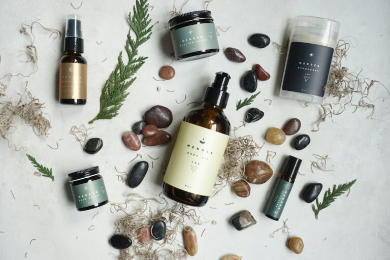 Wellness and skincare products with river stones and greenery